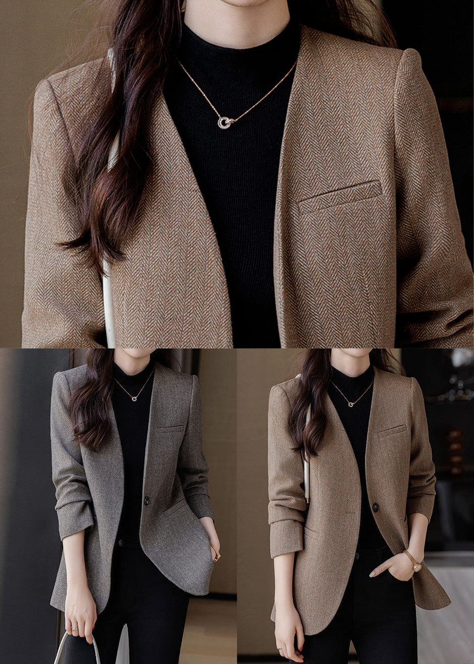Silm Fit Brown V Neck Woolen Jacket Spring YJ015 ABC