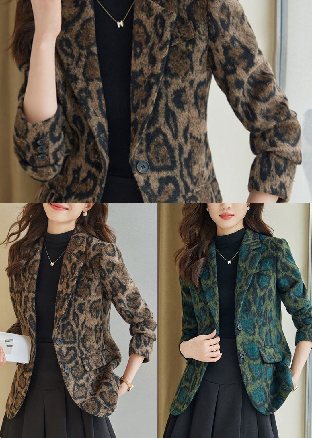 Silm Fit Coffee Leopard Print Woolen Coats Spring YJ057 ABC