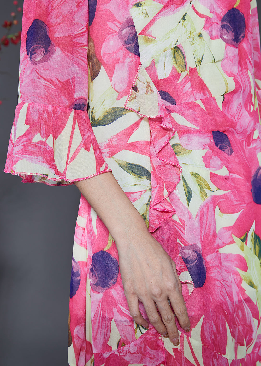 Silm Fit Pink V Neck Print Chiffon Long Dress Flare Sleeve SD1057 Ada Fashion