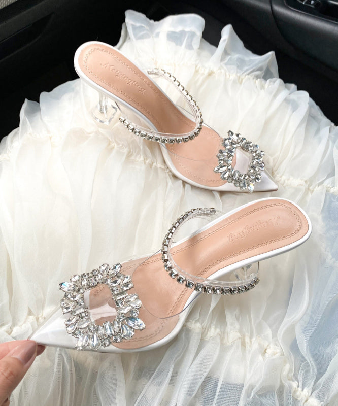 Toe Sandals Unique Heel Silver Pointed High Zircon Clear Splicing FashionChic