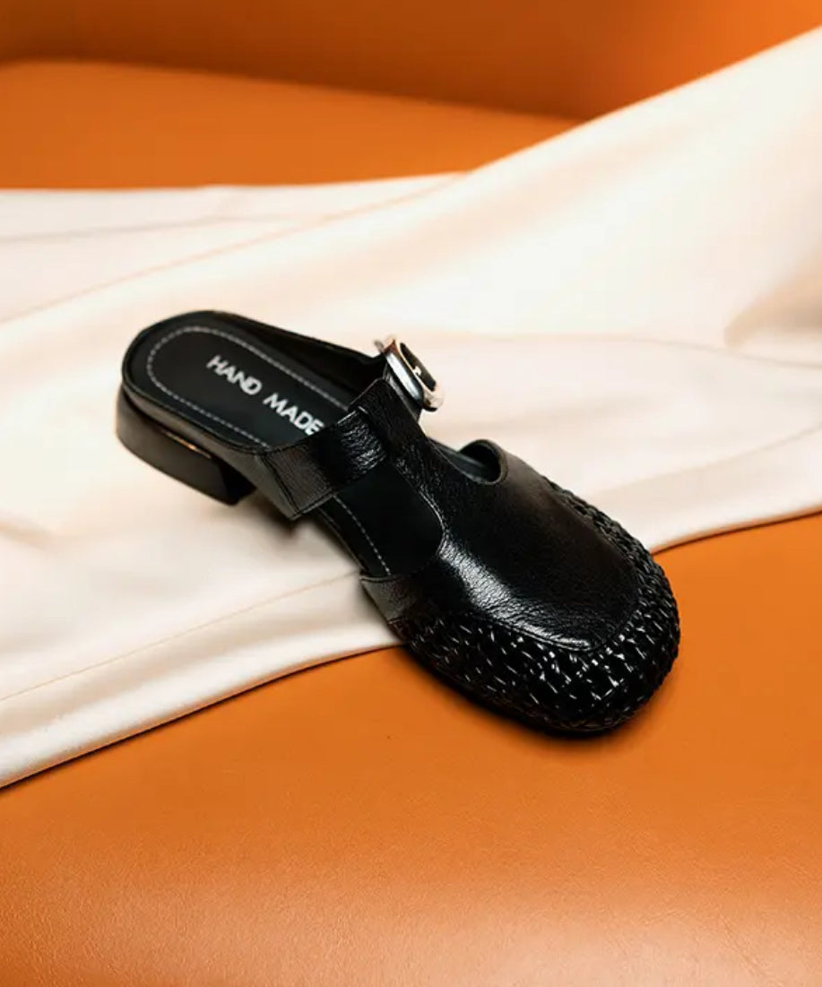 Cowhide Leather Splicing Fashion Slide Sandals Silver Out Hollow FashionChic