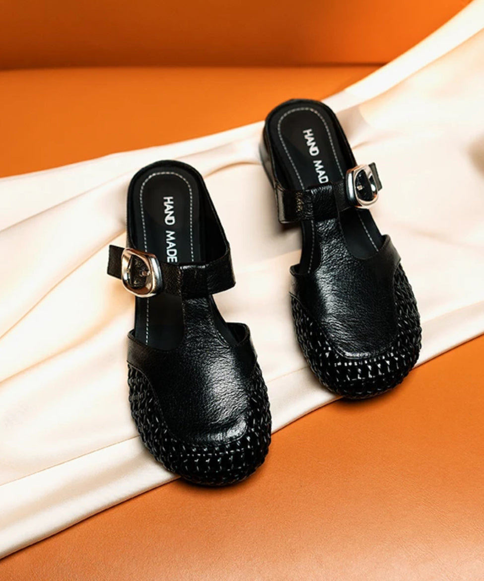 Cowhide Leather Splicing Fashion Slide Sandals Silver Out Hollow FashionChic