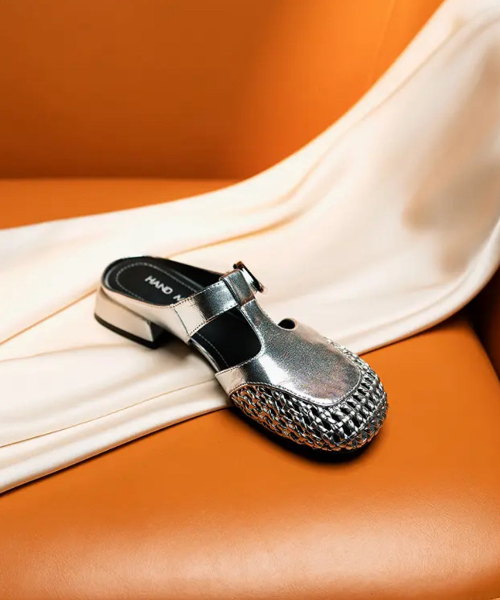 Cowhide Leather Splicing Fashion Slide Sandals Silver Out Hollow FashionChic