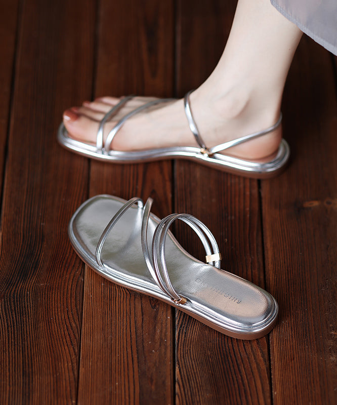 Peep Slide Sandals Toe Splicing 2025 Faux Leather Silver FashionChic