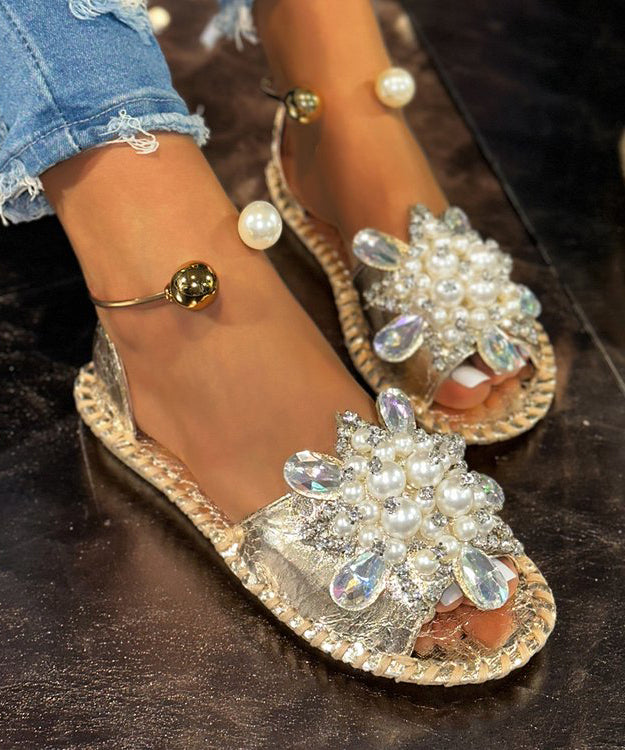Faux Bead Stylish Hiking Splicing Nail Silver Leather Sandals FashionChic