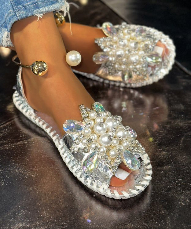 Faux Bead Stylish Hiking Splicing Nail Silver Leather Sandals FashionChic