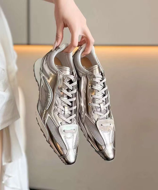 Silver Faux Leather Lace Up Splicing Fashion Sport Shoes Pointed Toe YC001 ABC