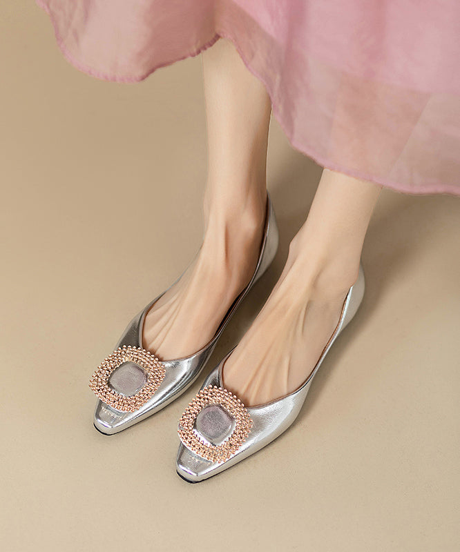 Silver Fitted Flat Faux Zircon Shoes Leather Splicing FashionChic