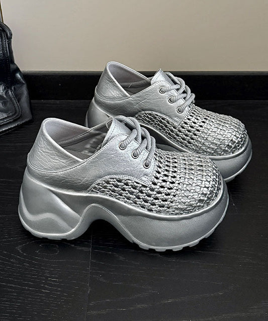 Up Out Silver Hollow Fashion Splicing Lace Platform Sandals FashionChic