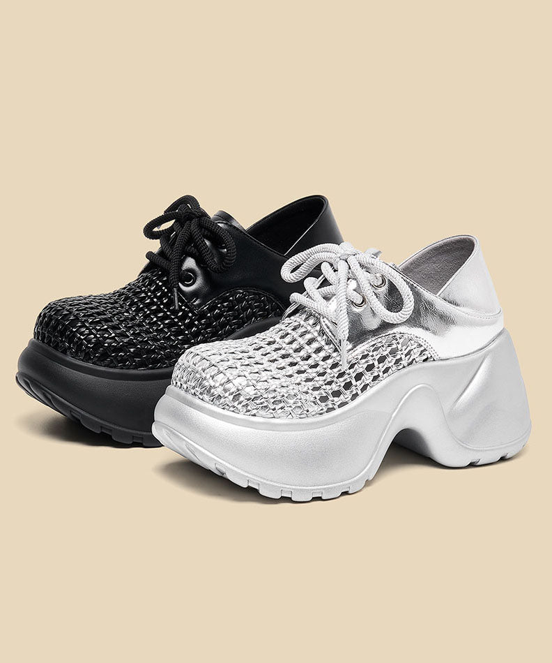 Up Out Silver Hollow Fashion Splicing Lace Platform Sandals FashionChic