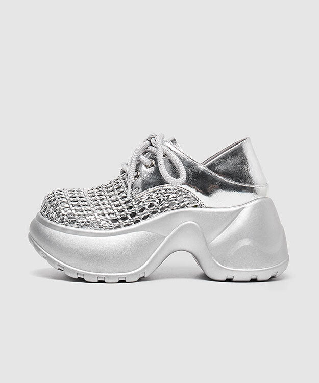 Up Out Silver Hollow Fashion Splicing Lace Platform Sandals FashionChic