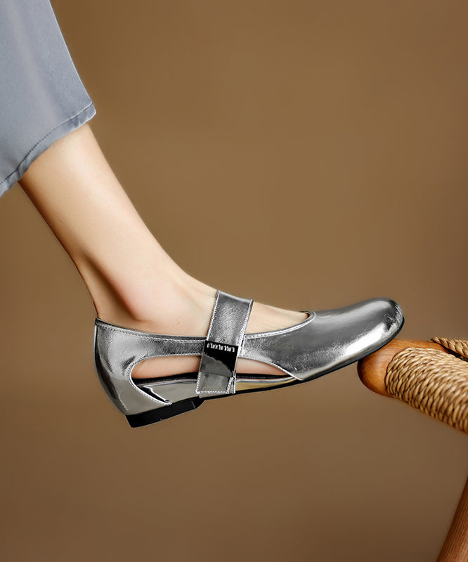 Cowhide Silver Shoes Splicing Buckle Wedge Retro Leather Strap FashionChic