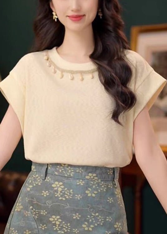 Summer Cotton Neck O Solid Apricot Simple Shirts T FashionChic
