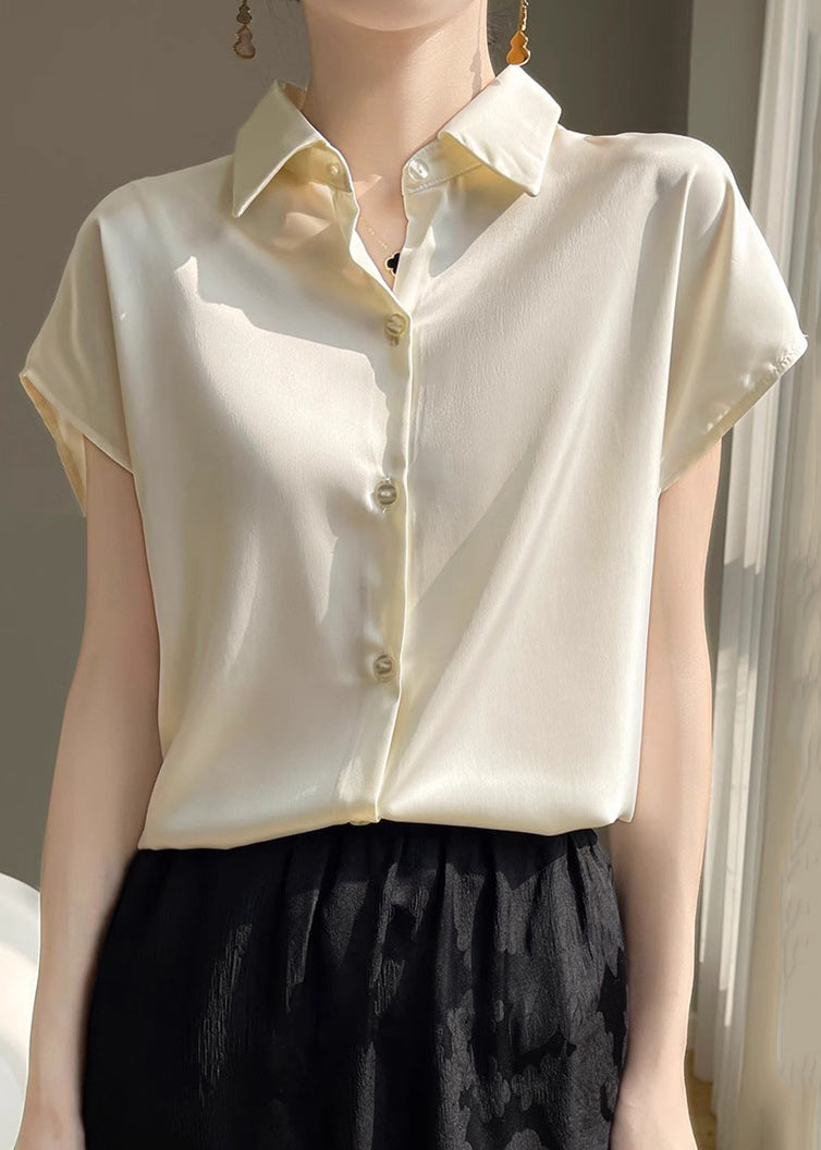 Simple Apricot Peter Pan Collar Button Silk Shirt Summer OP1095 Ada Fashion