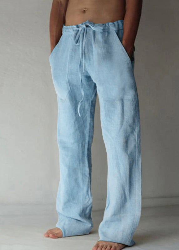 Elastic Summer Apricot Pants Waist Simple Pockets Linen Mens FashionChic