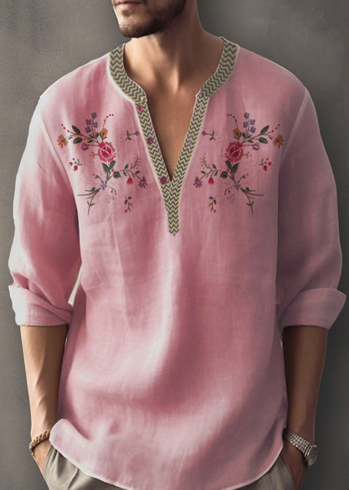 Neck Apricot Simple Print Shirt V Mens Cotton Fall FashionChic