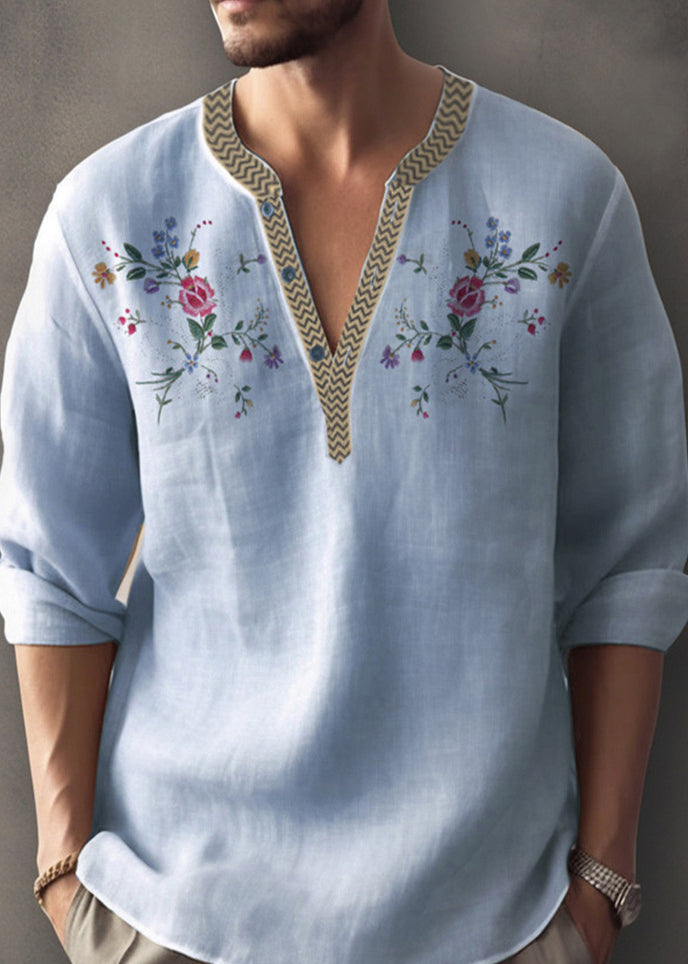 Neck Apricot Simple Print Shirt V Mens Cotton Fall FashionChic