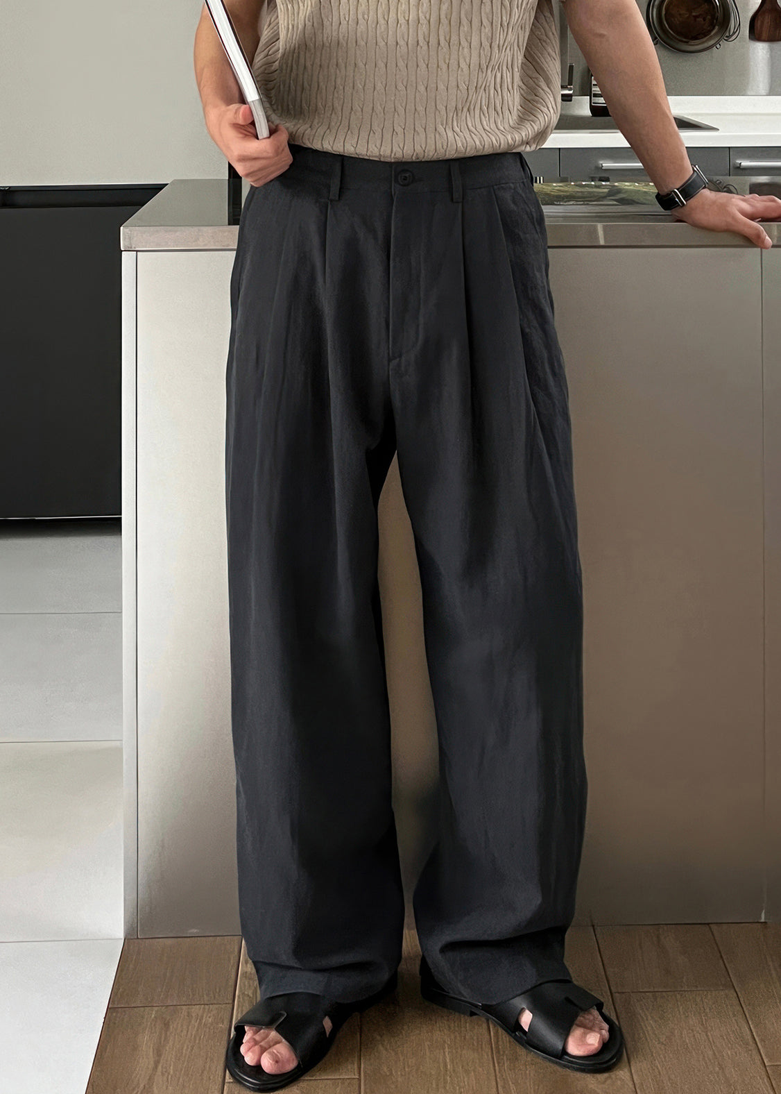 Waist Men Green Army Solid Linen High Summer Pants Simple FashionChic
