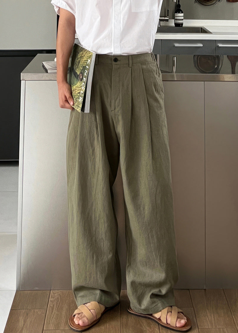 Waist Men Green Army Solid Linen High Summer Pants Simple FashionChic