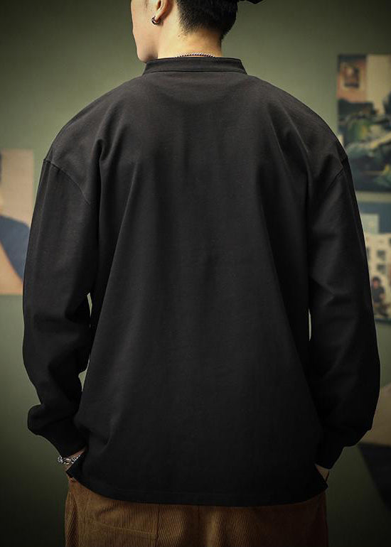 Spring T Men Shirt Cotton Solid Black Button Simple FashionChic