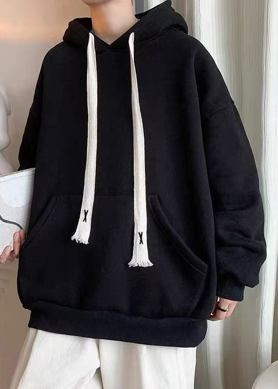 Simple Black Hooded Lace Up Pockets Cotton Men Sweatshirt Spring YQ030 ABC