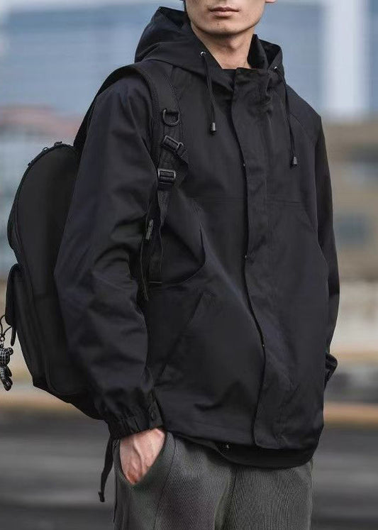 Solid Cotton Simple Hooded Black Pockets Coat Spring Men FashionChic