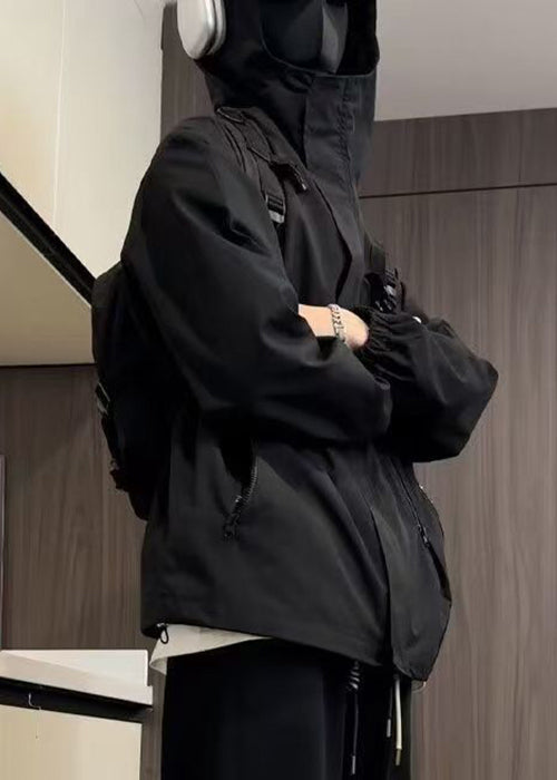 Cotton Black Oversized Zippered Simple Men Hooded Coat Spring FashionChic