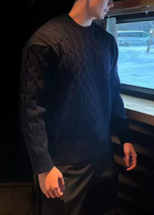 Simple Black O Neck Cable Knit Men Sweaters Spring TK013