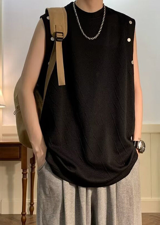 O Neck Cotton Shirts Sleeveless Men Solid Simple Black T FashionChic
