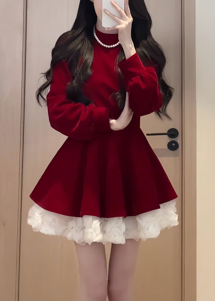 Simple Black O Neck Solid Patchwork Silk Velvet Mid Dress Spring YT036 ABC