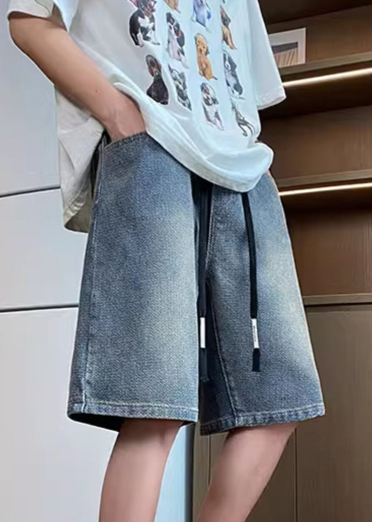 Blue Men Denim Elastic Shorts Waist Simple Summer Pockets FashionChic