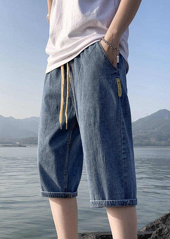 Simple Blue Pockets Elastic Waist Solid Denim Men Crop Pants Summer YL030 ABC