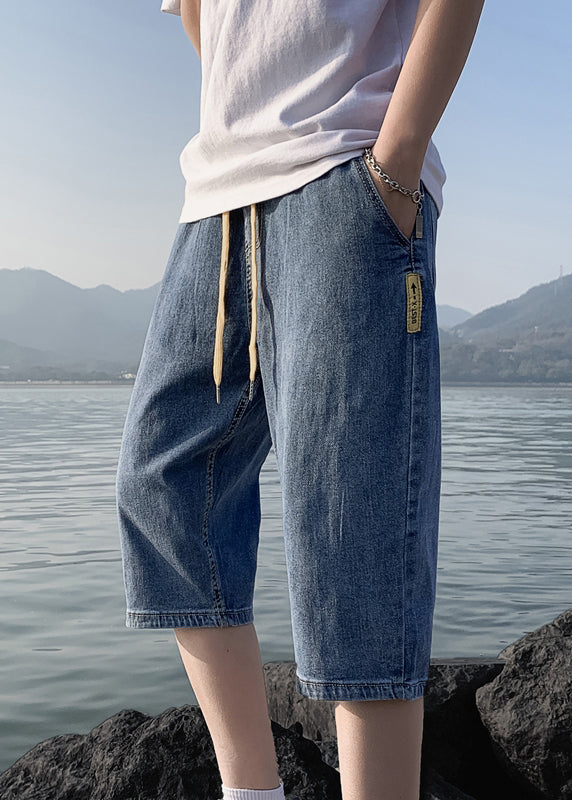 Simple Blue Pockets Elastic Waist Solid Denim Men Crop Pants Summer YL030 ABC