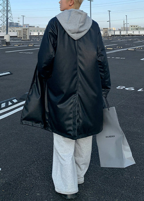 Simple Brown Peter Pan Collar Button Faux Leather Mens Coats Spring RN024 ABC