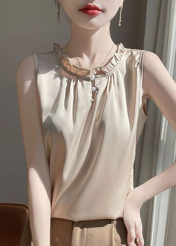 O-Neck Button Shirt Silk Simple Color Champagne Summer Pearl FashionChic