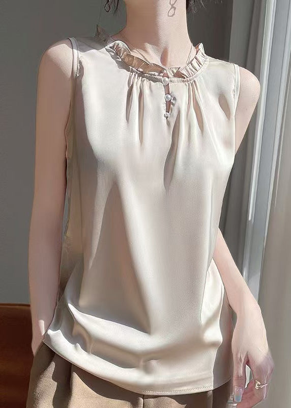 O-Neck Button Shirt Silk Simple Color Champagne Summer Pearl FashionChic