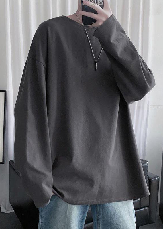 Gray T Mens Cotton Simple Neck Dark Spring Solid Shirt O FashionChic