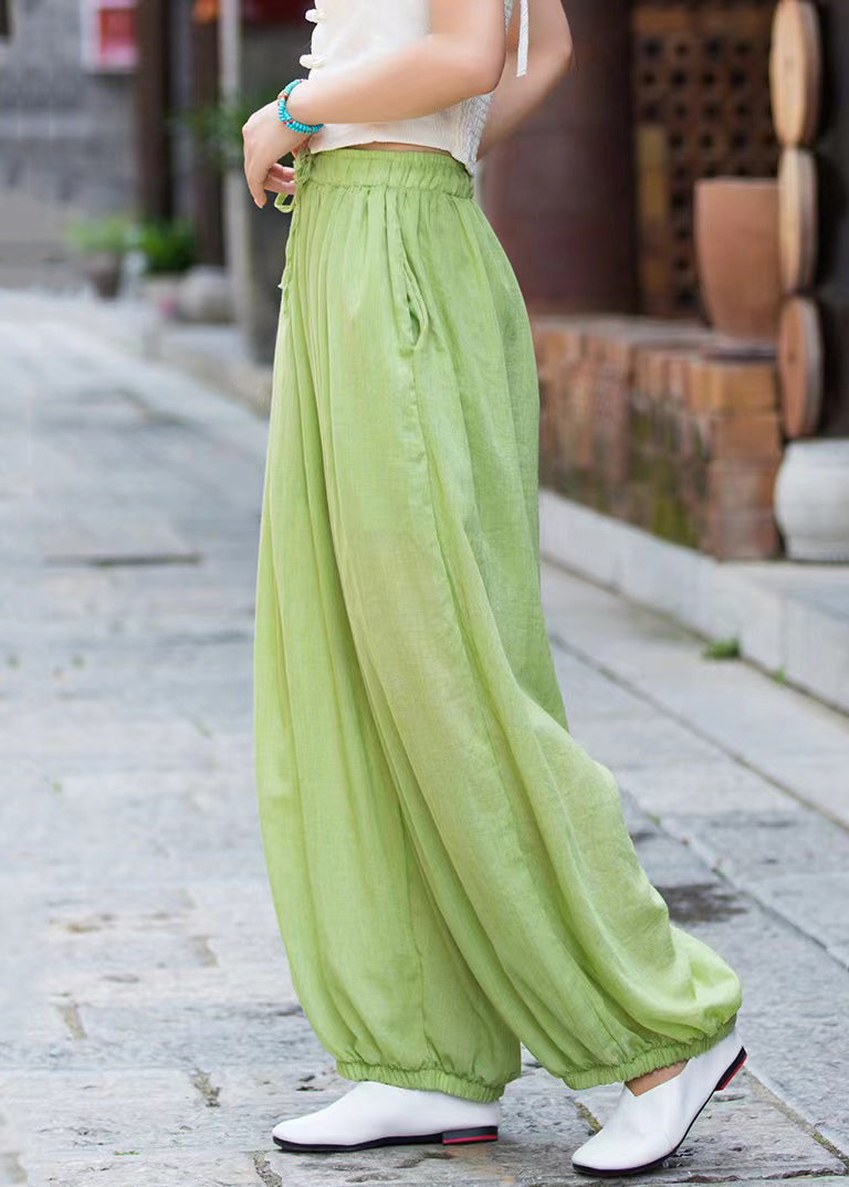 Simple Green Pockets Elastic Waist Linen Beam Pants Summer QE023 MZF-CPTS240927