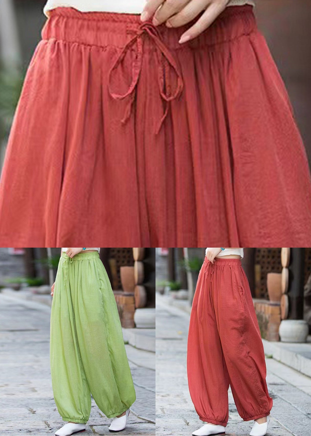 Simple Green Pockets Elastic Waist Linen Beam Pants Summer QE023 MZF-CPTS240927