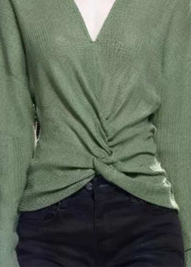 Simple Green V Neck Solid Cozy Knit Sweater Fall WQ035 OL-NTP241031