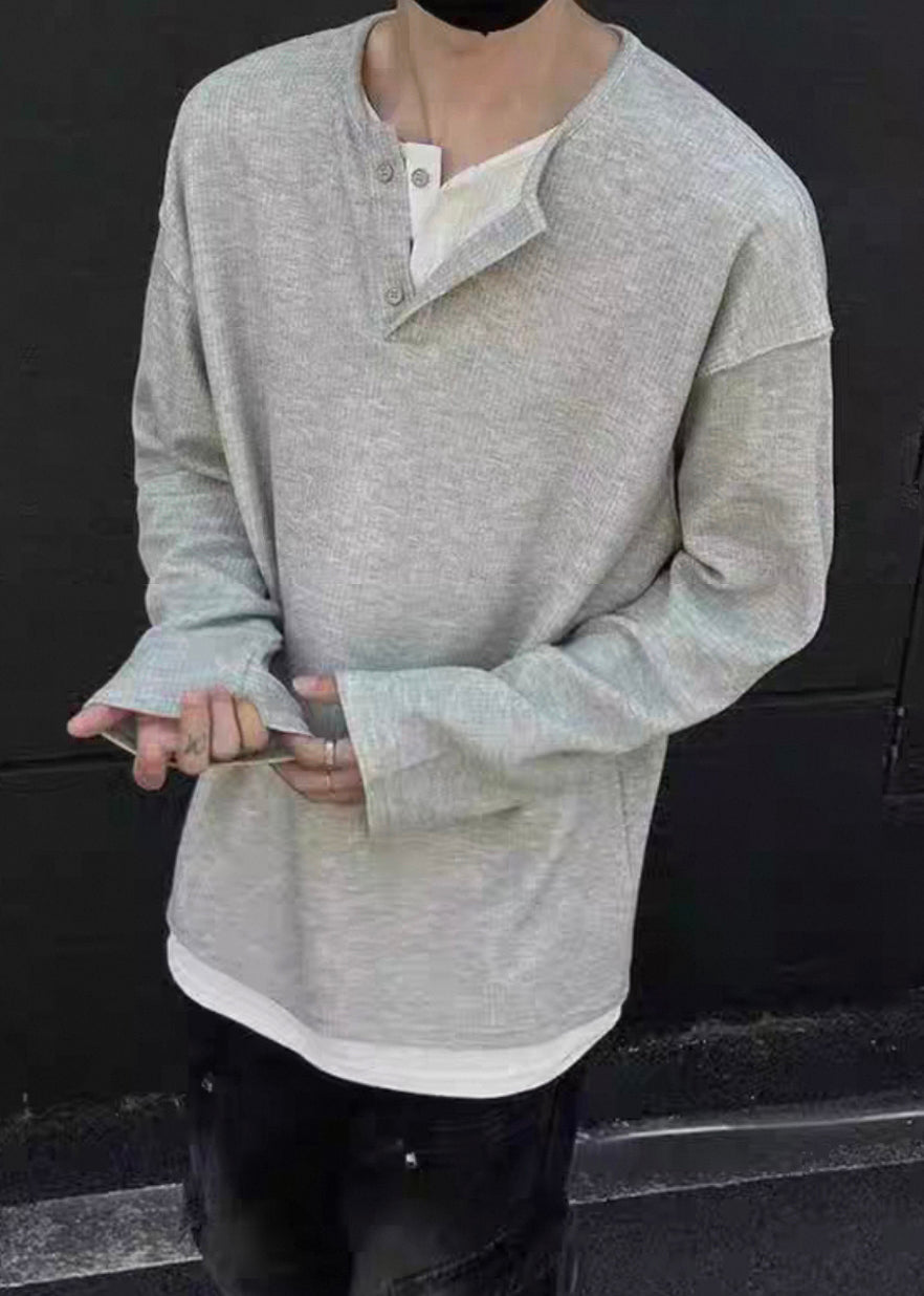 Simple O T Patchwork Grey Shirts Neck Cotton Mens Button Spring FashionChic