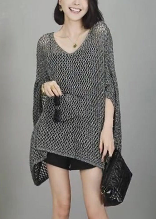 Neck Hollow Shirts V T Simple Out Knit Grey Sleeve Batwing FashionChic