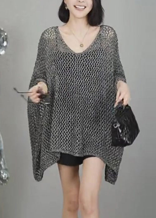 Neck Hollow Shirts V T Simple Out Knit Grey Sleeve Batwing FashionChic