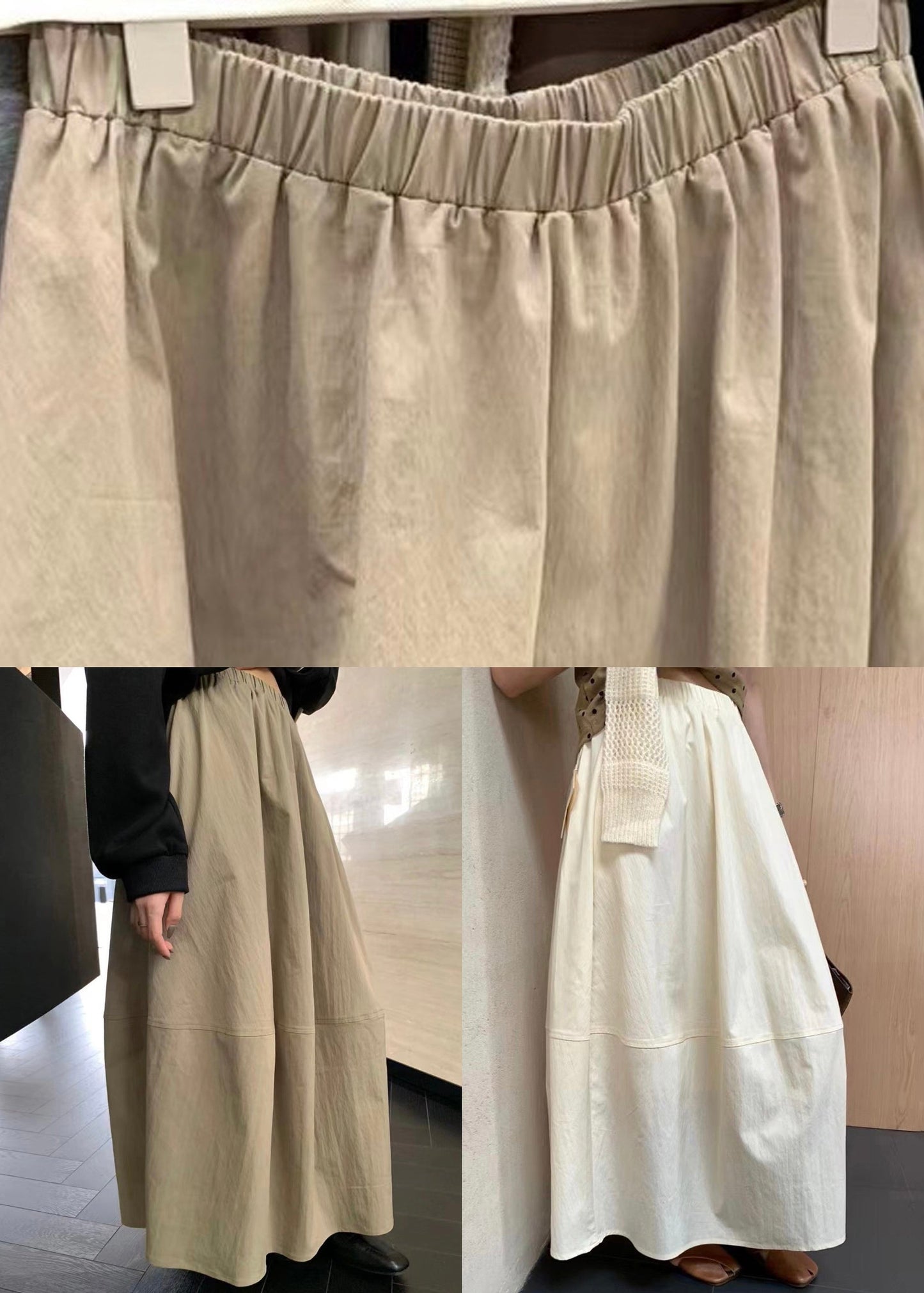 Waist Simple Fall Elastic Pockets Skirts Khaki Cotton FashionChic