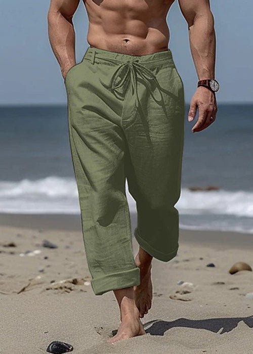 Khaki Pants Simple Summer Cotton Elastic Mens Pockets Waist Solid FashionChic