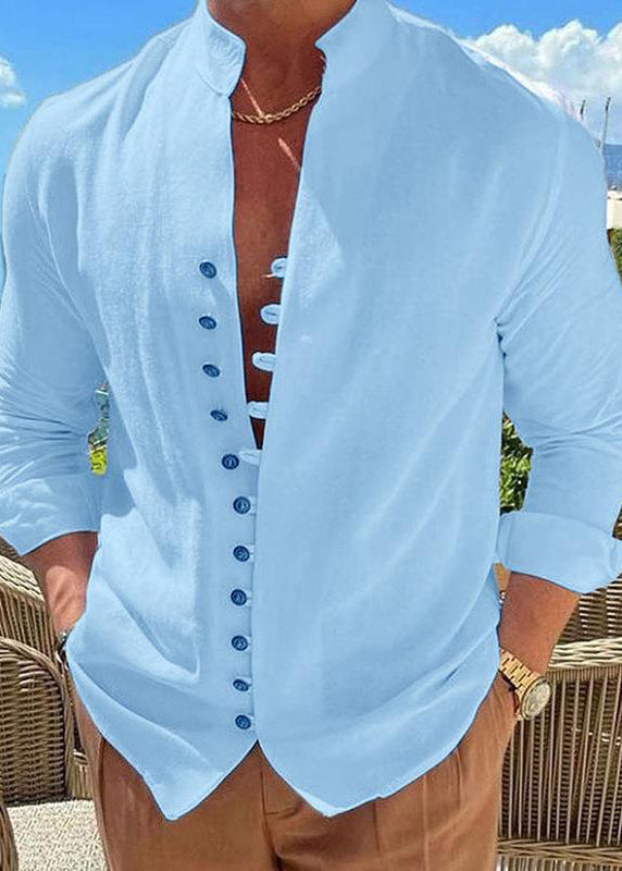 Simple Khaki Fall Cotton Button Solid Men's Shirts Collar Stand FashionChic