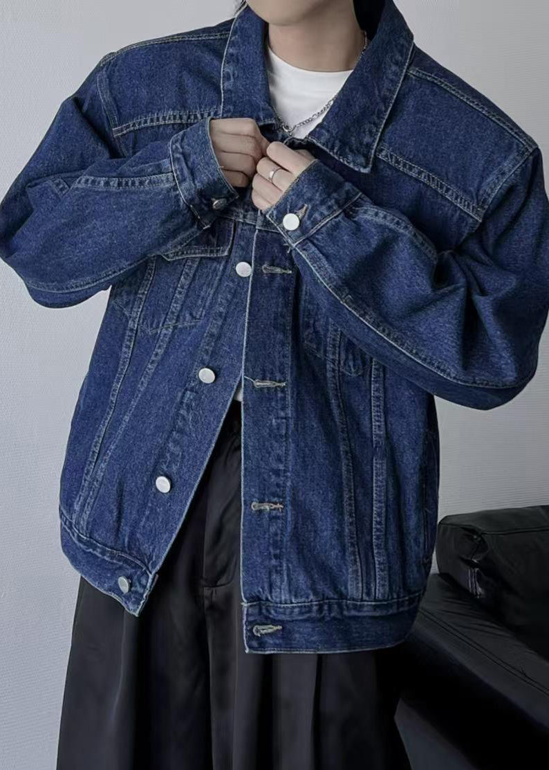 TC038 Mens Denim Peter Coats Collar Spring Button Navy Simple Pan