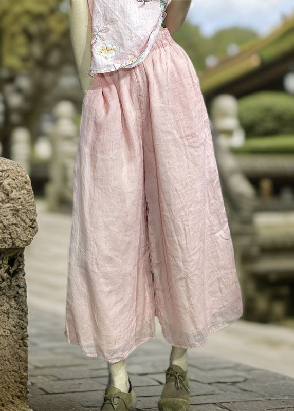Simple Orange Pockets Elastic Waist Linen Wide Leg Pants Summer KK031 SH-LF-CPTS240602