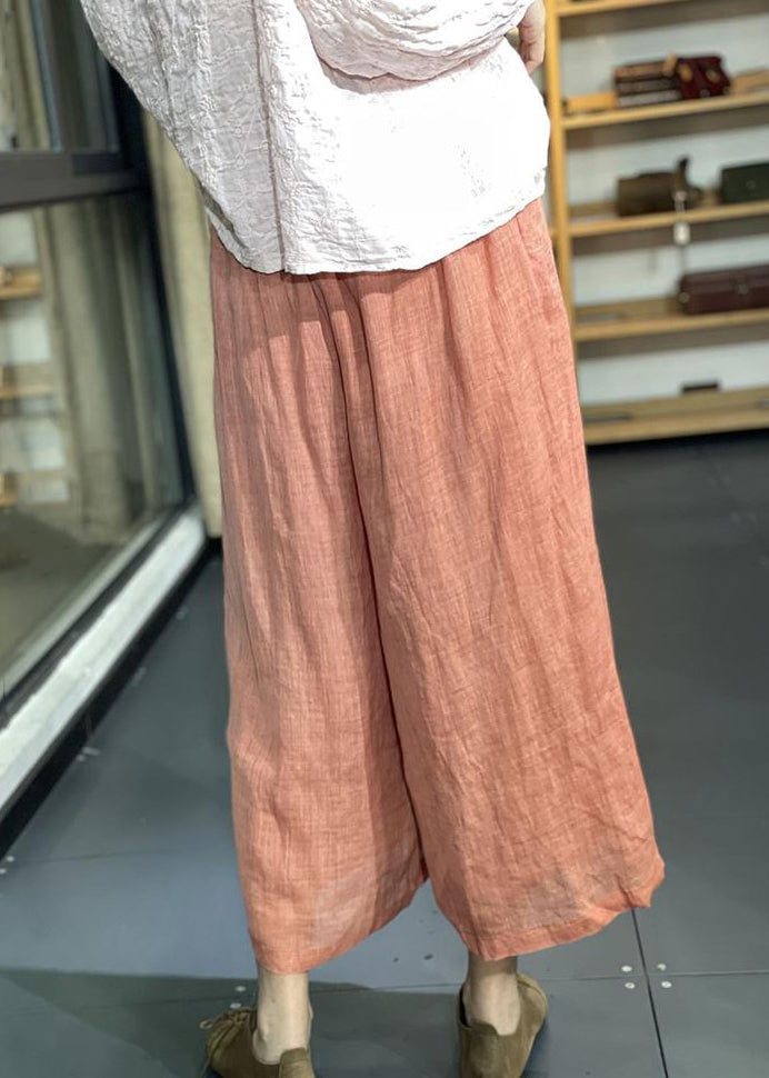 Simple Orange Pockets Elastic Waist Linen Wide Leg Pants Summer KK031 SH-LF-CPTS240602