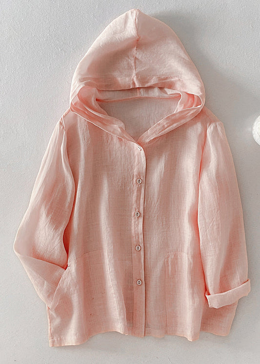 Fall Pockets Pink Simple Button Cotton Hooded Shirt FashionChic